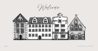 European city architecture sketch. Old building drawings. Vintage houses banner. Hand-drawn vector illustration. Architectural card design.  NOT AI generated